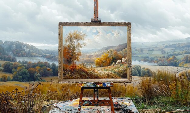 Photo une peinture d'un paysage avec une croix dessus