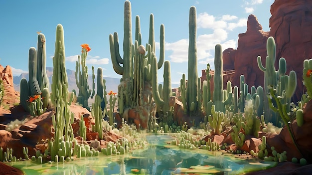 Une peinture d'un paysage désertique avec une fleur au milieu