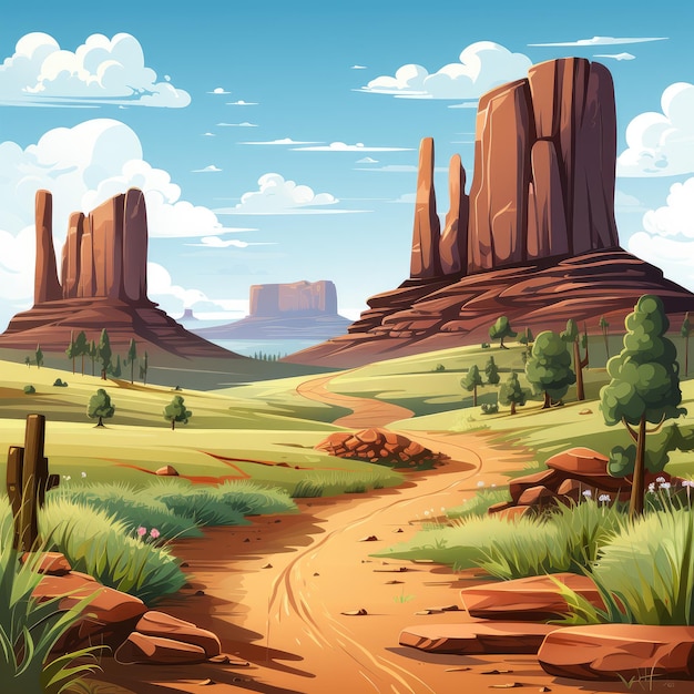 une peinture d'un paysage désertique avec une route et des montagnes en arrière-plan