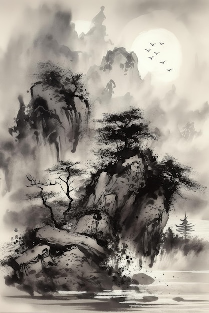 Peinture de paysage à l'encre de Chine en plein air