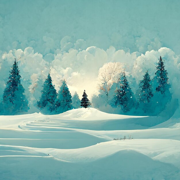 Une peinture d'un paysage enneigé avec un arbre couvert de neige au premier plan.