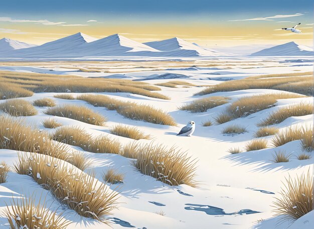 une peinture d'un paysage enneigé avec un oiseau volant sur le sol couvert de neige