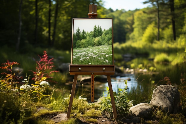 Une peinture d'un paysage avec un étang et des arbres en arrière-plan.