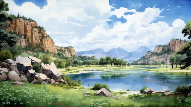 Photo peinture de paysage d'été serein style animecore avec aquarelle