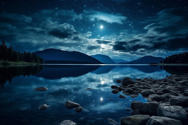 Photo peinture d'un paysage fantastique avec un lac forestier et la pleine lune dans le ciel nocturne