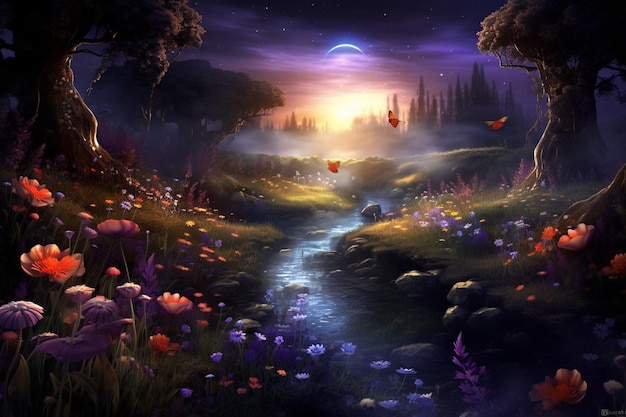 Photo peinture d'un paysage fantastique avec un ruisseau et des fleurs générative ai