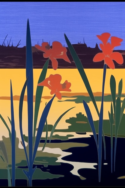 Photo peinture d'un paysage avec des fleurs et de l'eau au premier plan