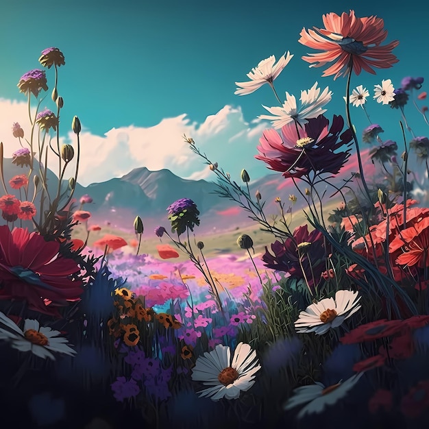 Une peinture d'un paysage avec des fleurs