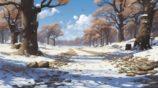 Peinture de paysage hivernal inspirée d'anime avec de la neige et des arbres sans feuilles