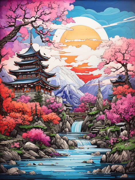 peinture d'un paysage japonais avec une cascade et une pagode