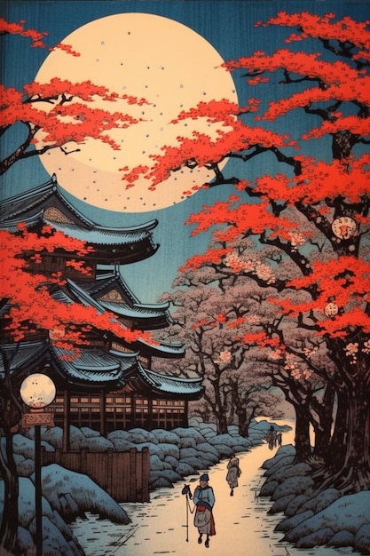 Une peinture d'un paysage japonais avec une horloge sur le côté.