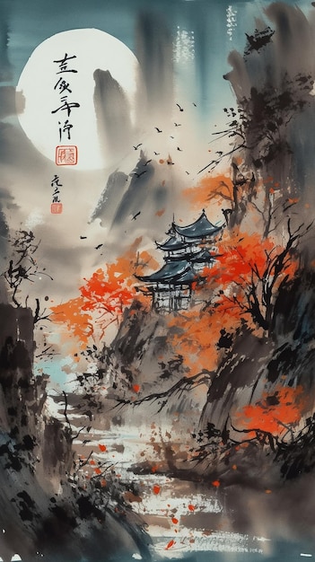 Une peinture d'un paysage japonais avec un paysage chinois et une lune en arrière-plan.