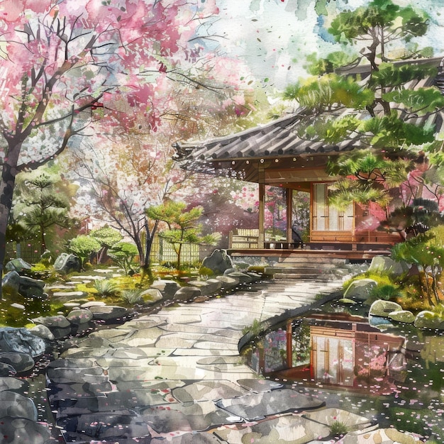Peinture de paysage de jardin de printemps japonais Peinture d'aquarelle de jardin japonais Tradition de dessin Copier l'espace