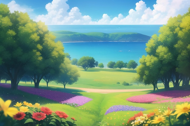 Une peinture d'un paysage avec un lac et des fleurs.