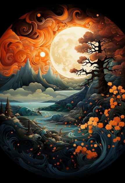 Peinture d'un paysage avec une lune pleine et un arbre génératif ai