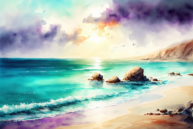 Peinture de paysage de mer aquarelle coucher de soleil vagues roches