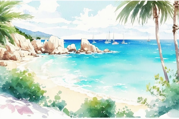 Peinture de paysage de mer tropicale aquarelle illustration de plage d'été générée par Ai