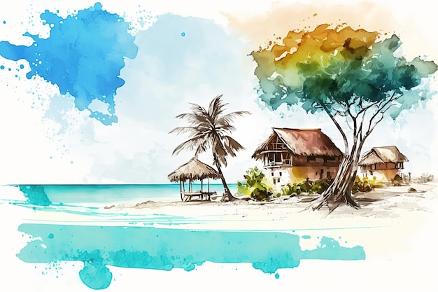 Peinture de paysage de mer tropicale aquarelle illustration de plage des Maldives générée par Ai