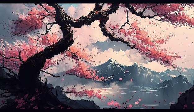 Une peinture d'un paysage avec une montagne en arrière-plan.