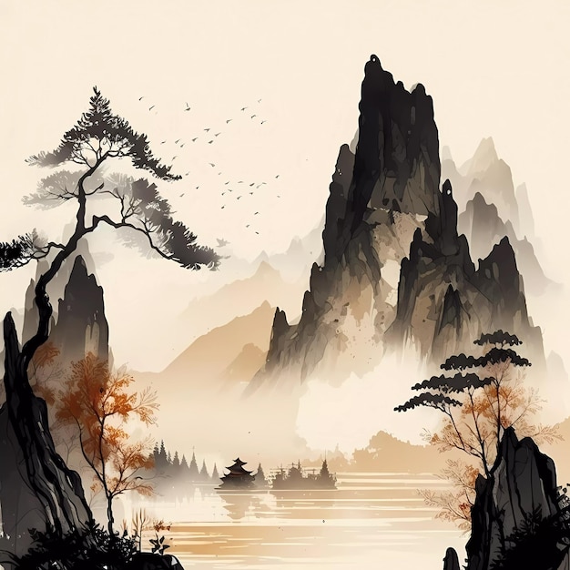 Une peinture d'un paysage de montagne avec un bateau dans l'eau.