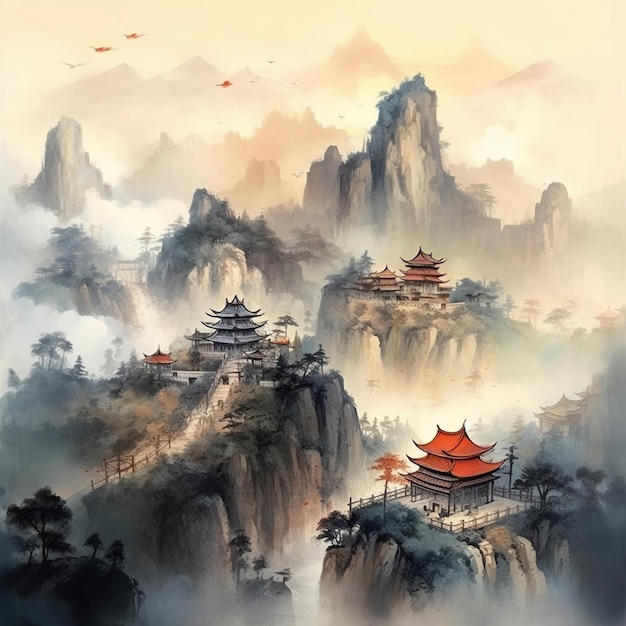 Une peinture d'un paysage de montagne calligraphie chinoise art aquarelle