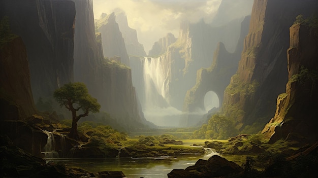 peinture d'un paysage de montagne avec une cascade et un arbre IA générative