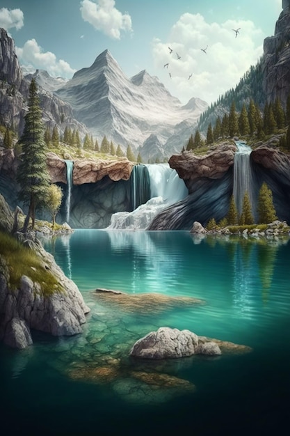 Une peinture d'un paysage de montagne avec une cascade et une montagne en arrière-plan.