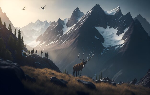 Une peinture d'un paysage de montagne avec un cerf au premier plan et