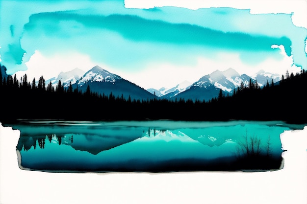 Une peinture d'un paysage de montagne avec un ciel bleu et les montagnes en arrière-plan.