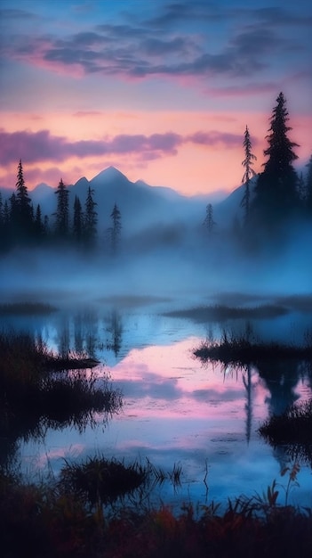 Peinture d'un paysage de montagne avec un ciel rose et un reflet d'une montagne dans l'eau.