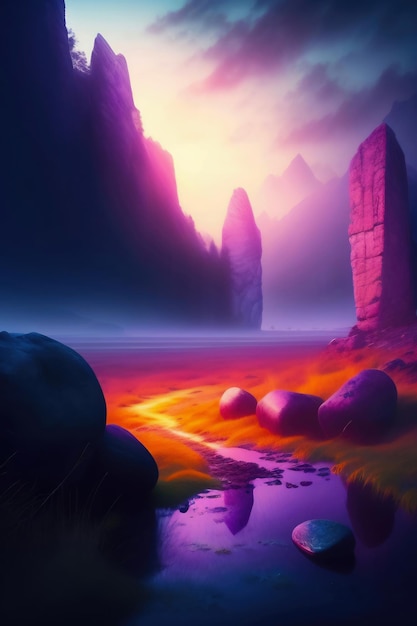 Une peinture d'un paysage de montagne avec un ciel violet et un ciel violet.