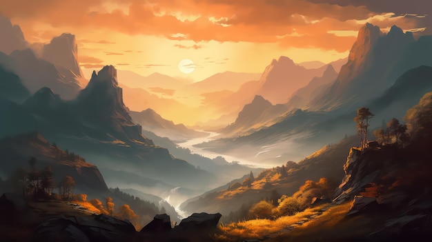 Une peinture d'un paysage de montagne avec un coucher de soleil en arrière-plan.