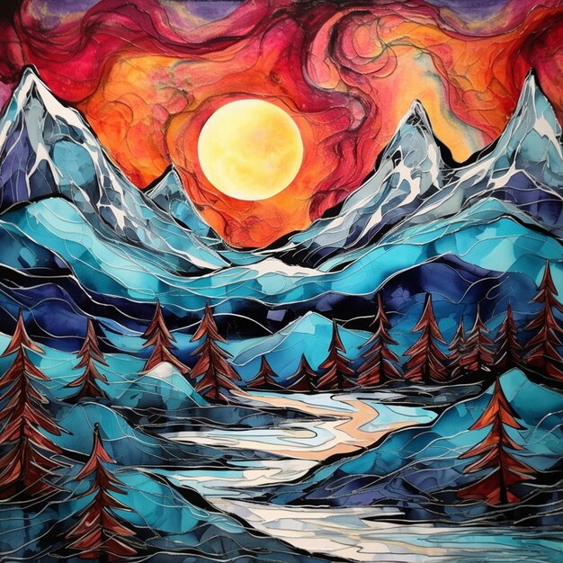 Une peinture d'un paysage de montagne avec un coucher de soleil en arrière-plan.