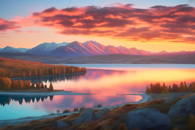 Une peinture d'un paysage de montagne avec un coucher de soleil et un lac au premier plan.