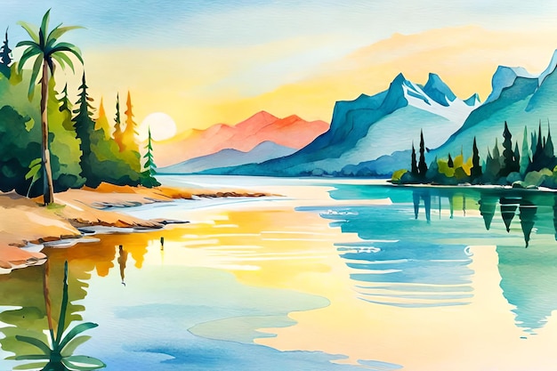 Une peinture d'un paysage de montagne avec un coucher de soleil et un lac.