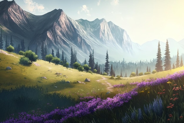 Une peinture d'un paysage de montagne avec des fleurs et des arbres AI générative