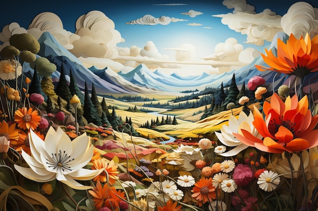 Peinture d'un paysage de montagne avec des fleurs et des arbres générative ai