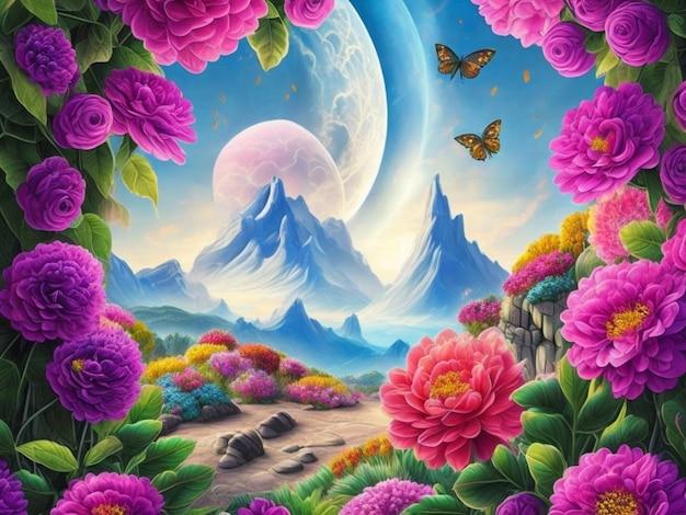 Une peinture d'un paysage de montagne avec des fleurs et des papillons.