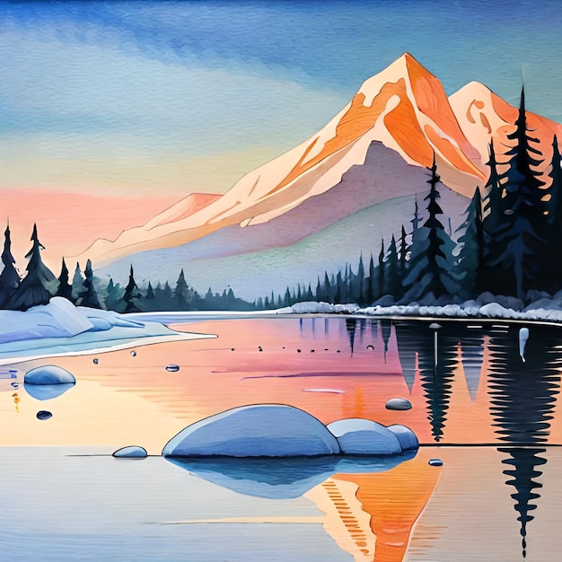 Une peinture d'un paysage de montagne avec un lac et des montagnes en arrière-plan.