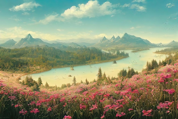 Une peinture d'un paysage de montagne avec un lac et des montagnes en arrière-plan.