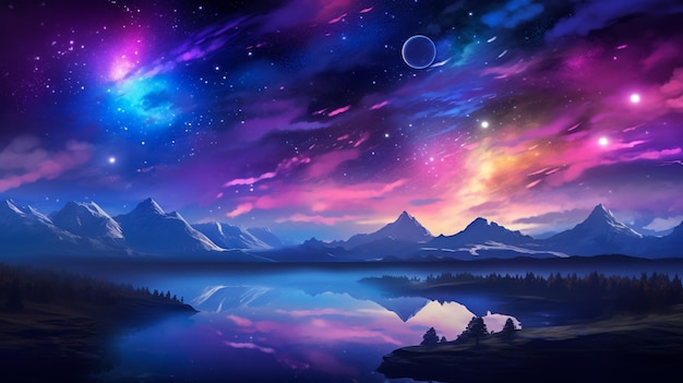 une peinture d'un paysage de montagne avec un lac et des montagnes en arrière-plan