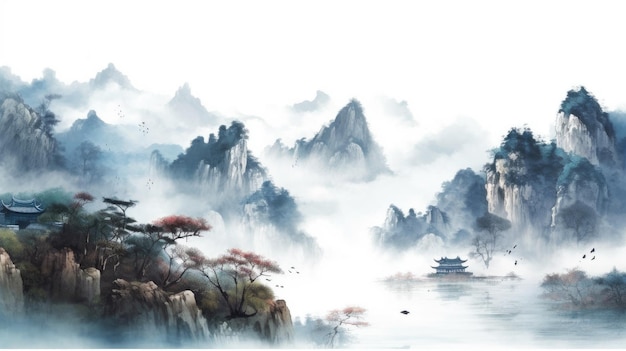 Une peinture d'un paysage de montagne avec une lanterne chinoise et une montagne en arrière-plan.