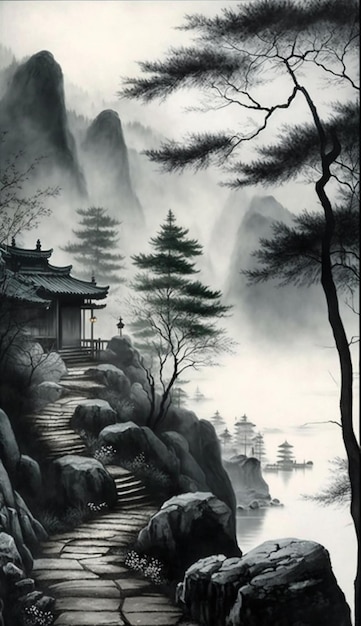 Une peinture d'un paysage de montagne avec une maison et un pont.