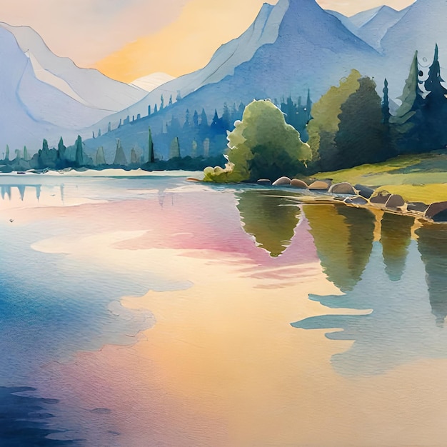 Une peinture d'un paysage de montagne avec une montagne en arrière-plan.