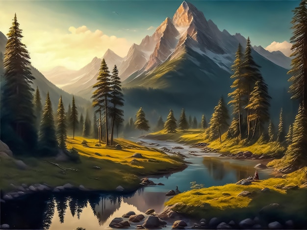 Une peinture d'un paysage de montagne avec une montagne en arrière-plan