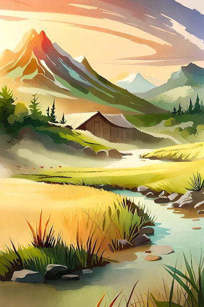 Une peinture d'un paysage de montagne avec une montagne et une maison au premier plan.