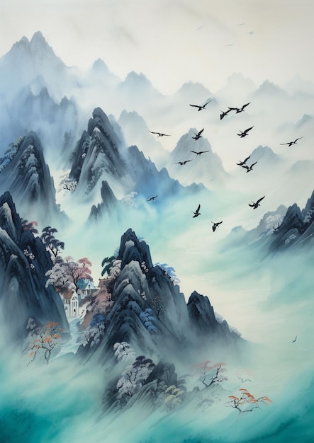 Une peinture d'un paysage de montagne avec une montagne et des oiseaux volant au-dessus.
