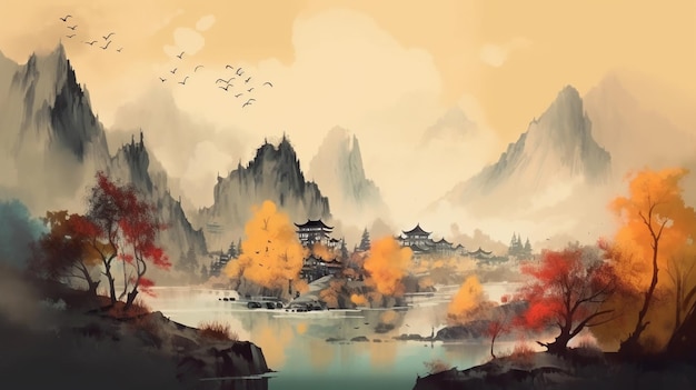 Une peinture d'un paysage de montagne avec une montagne et une rivière et un pont au premier plan.