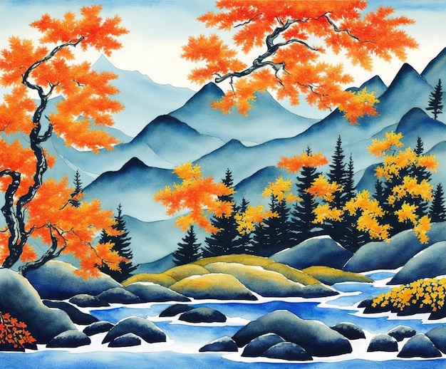 peinture de paysage de montagne avec montagnes et forêt