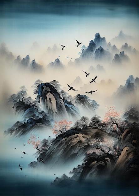 Une peinture d'un paysage de montagne avec des oiseaux volant au-dessus de l'eau.